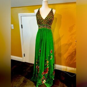 Derhy Green Embroidered Maxi Dress VERY Unique